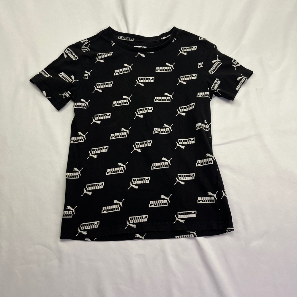 Puma T-Shirt Youth Black All Over Logo Print Crew Neck Short Sleeve M 10-12